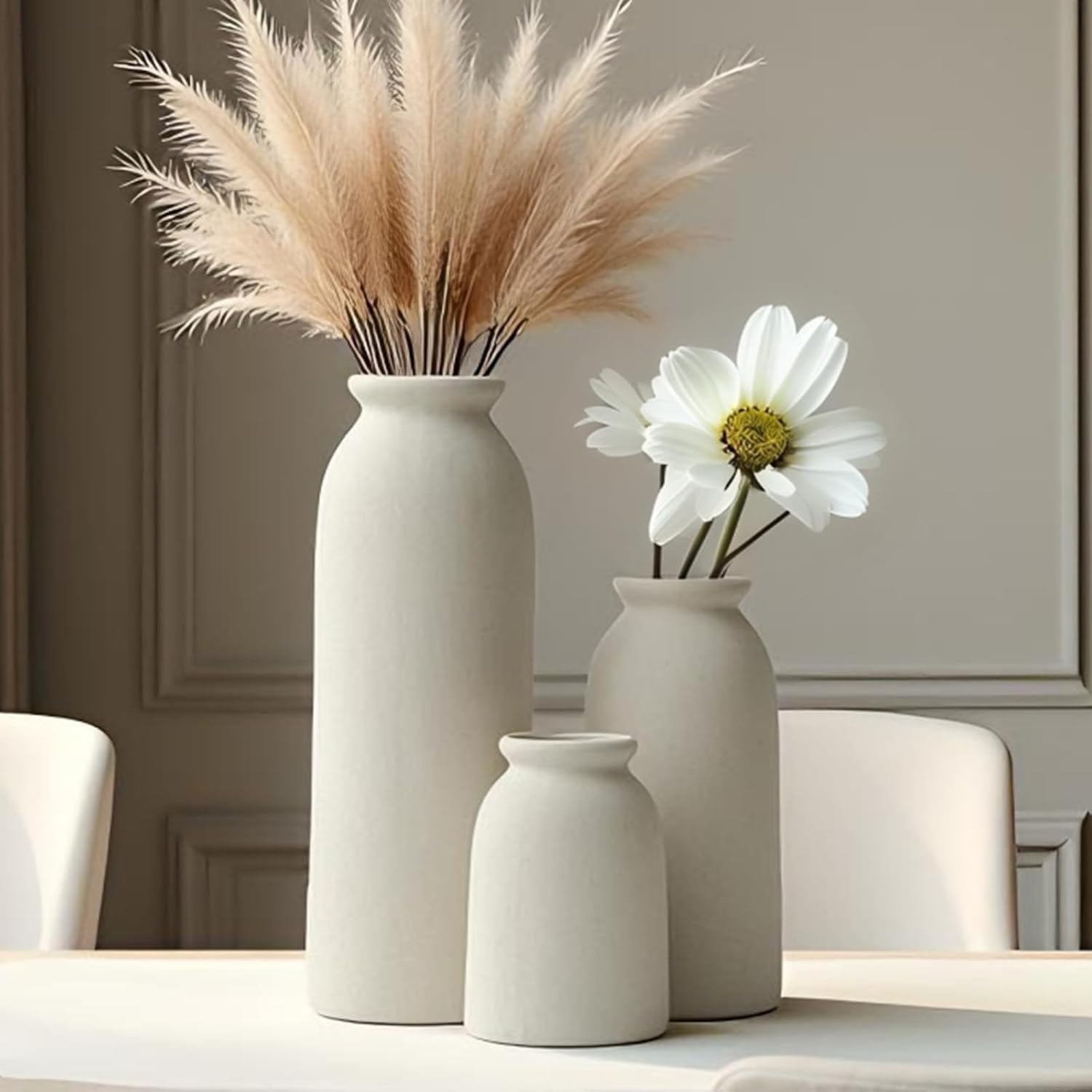 Ceramic Vase Set-3, Small Flower Vases for Decor, Modern Boho Farmhouse Style, Decorative Vases for Pampas Grass & Dried Flowers, Distressed Finish (Beige) - Image 4