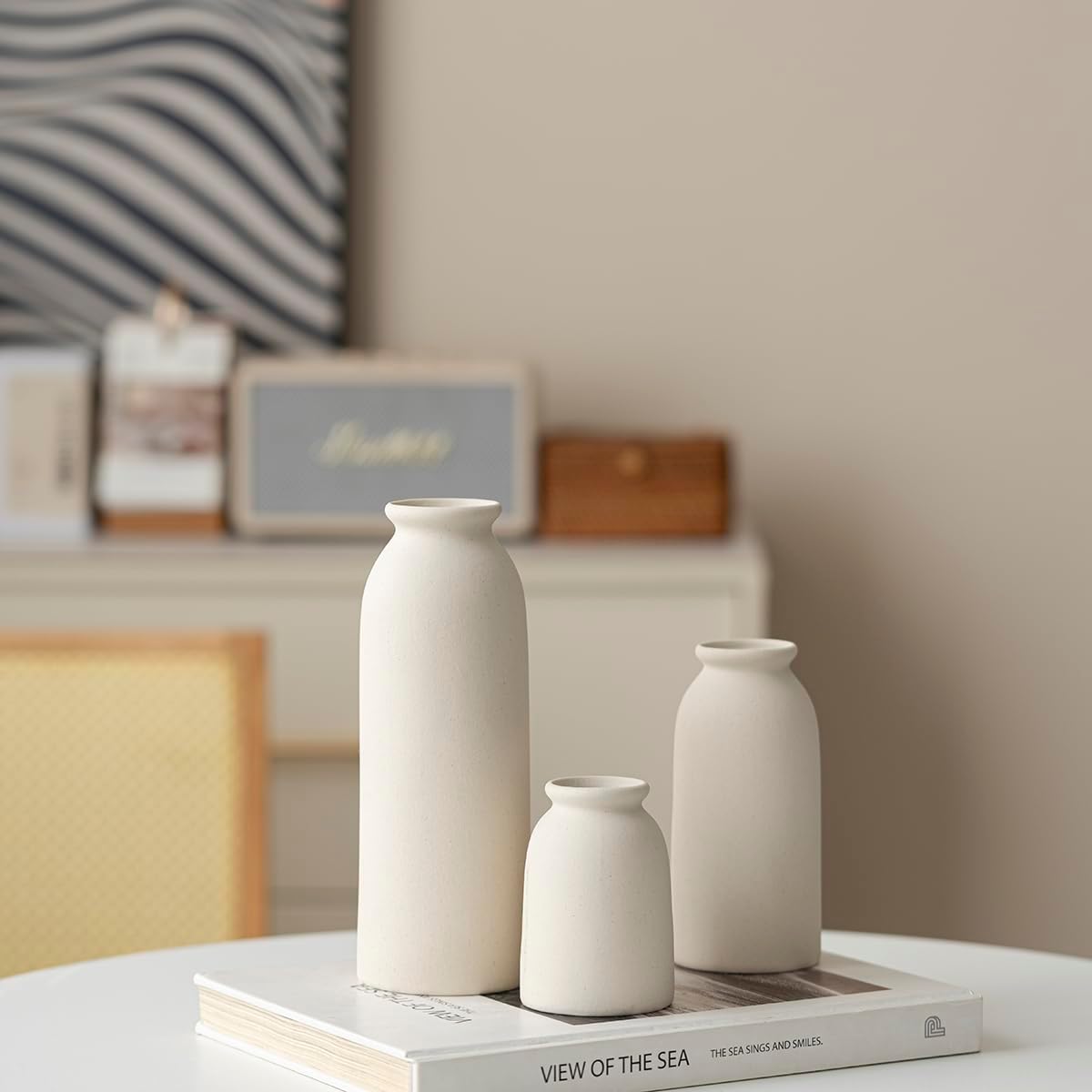 Ceramic Vase Set-3, Small Flower Vases for Decor, Modern Boho Farmhouse Style, Decorative Vases for Pampas Grass & Dried Flowers, Distressed Finish (Beige) - Image 9