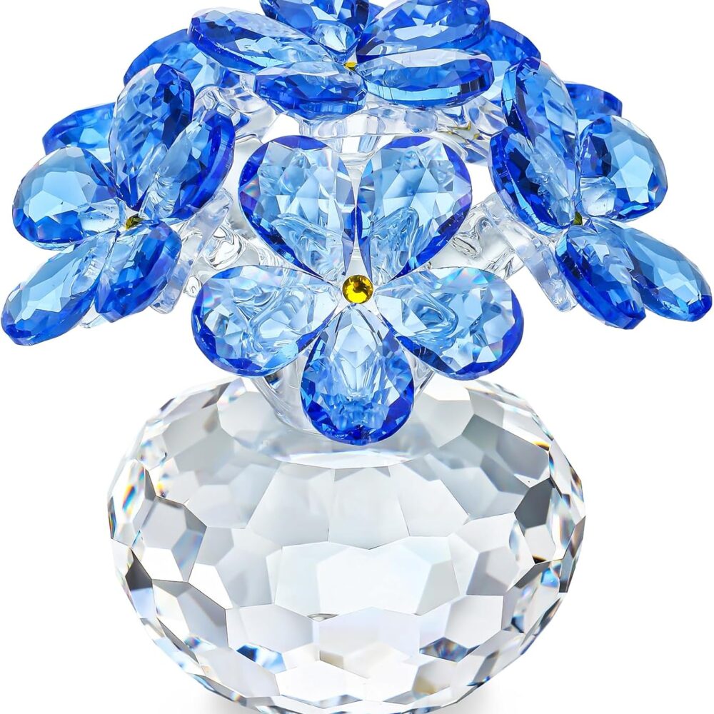 Blue Crystal Glass Forget Me Not Flower Figurine Table Centerpiece Decor