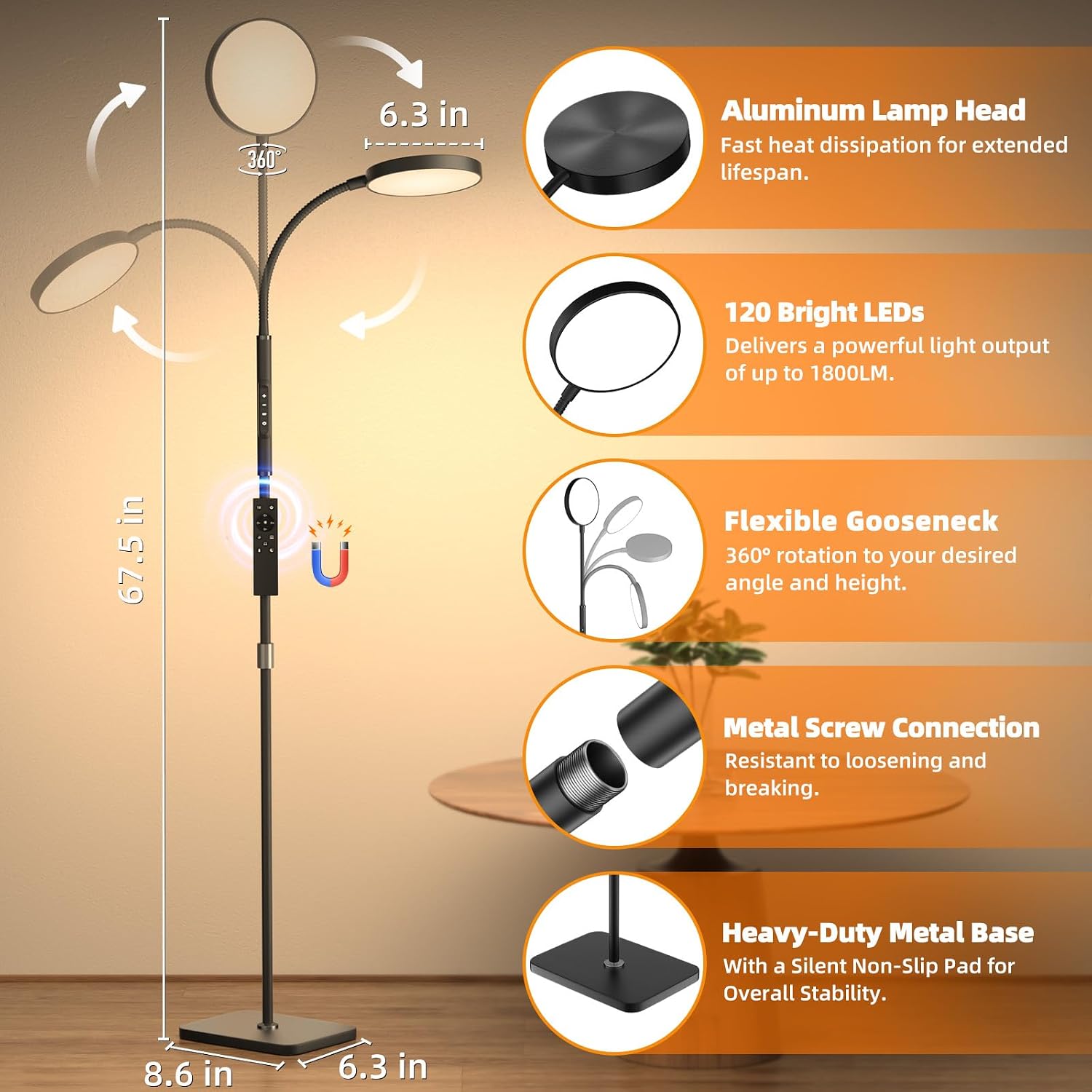 PACOVY Floor Lamp, Adjustable Height Floor Lamps for Living Room Bedroom, 120 LED Super Bright Standing Lamp Remote & Touch Control Dimmable Gooseneck Tall Stand Reading Lamp for Office Craft, Black - Image 5