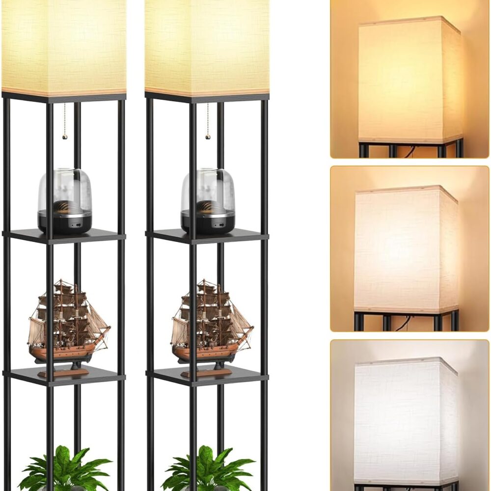 Floor Lamp with Shelves for Living Room 2 Pack, Shelf Floor Lamp with 3 CCT LED Bulb, Corner Display Standing Column Lamp Etagere Organizer Tower Nightstand with White Linen Shade for Bedroom, Office